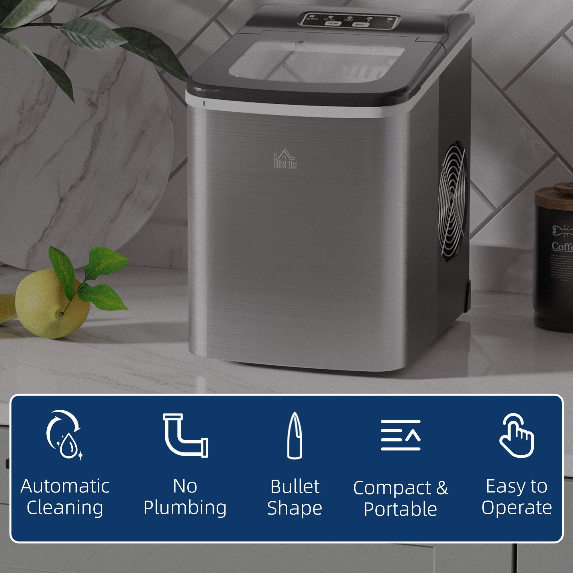 HOMCOM Ice Maker Machine Countertop, 9 Ice Cubes in 8 Mins, 12KG in 24Hrs, Self-Cleaning Portable Ice Cube Maker with Ice Scoop and Basket, Stainless Steel, No Plumbing Required, Black